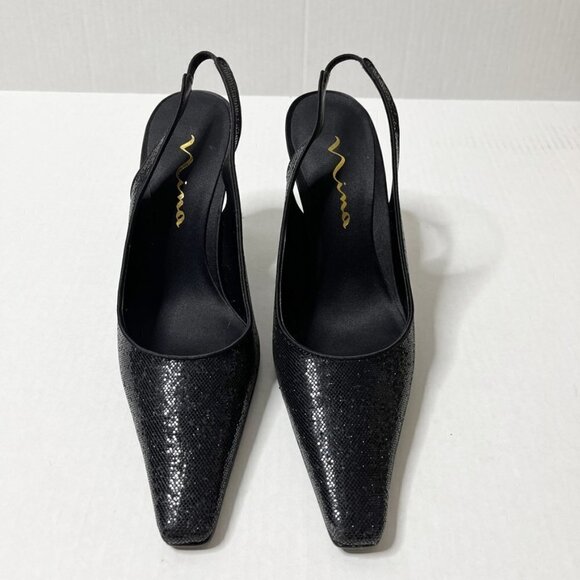 Nina Women's Taren Heels Size 8.5M Black Crystal Sling Backs Pointed Toe w/ Box - Picture 4 of 10